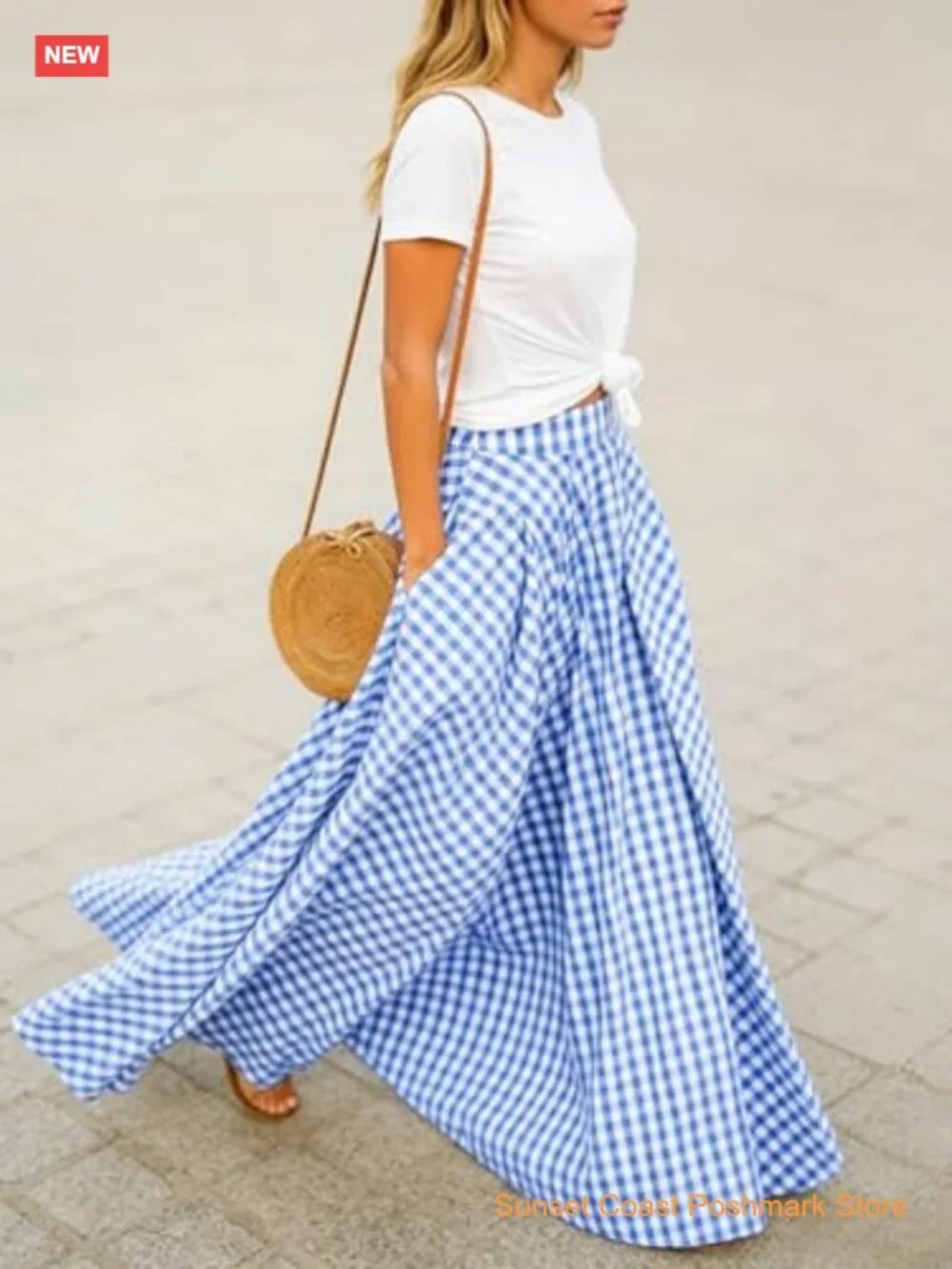 Gingham Maxi Skirt High Waist Pleated A Line Flowy Long Summer - Picture 7 of 7